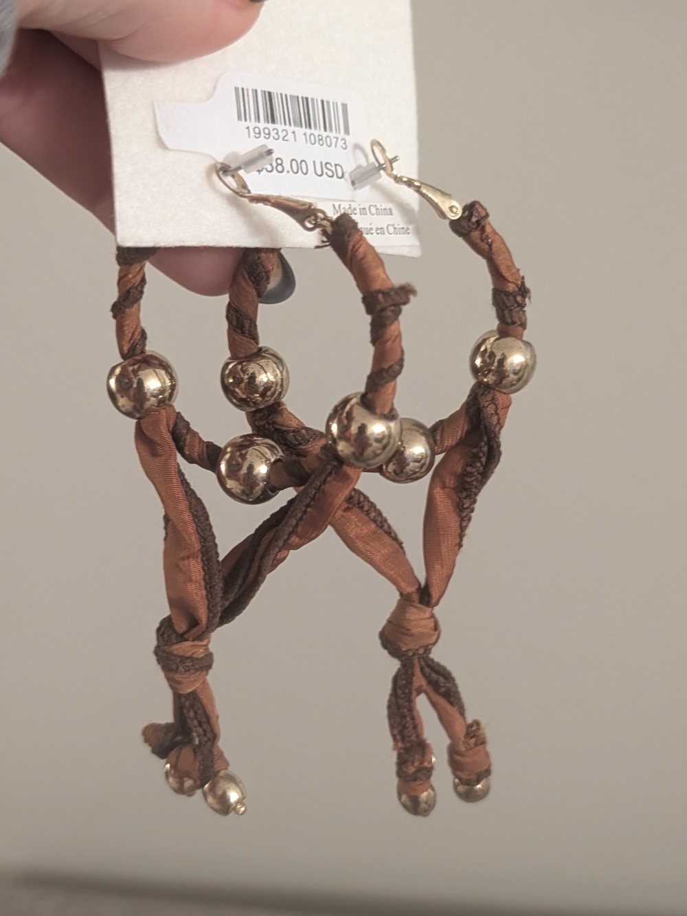 Free People Brown Twisted Fabric Hoop Earrings with Gold Beads